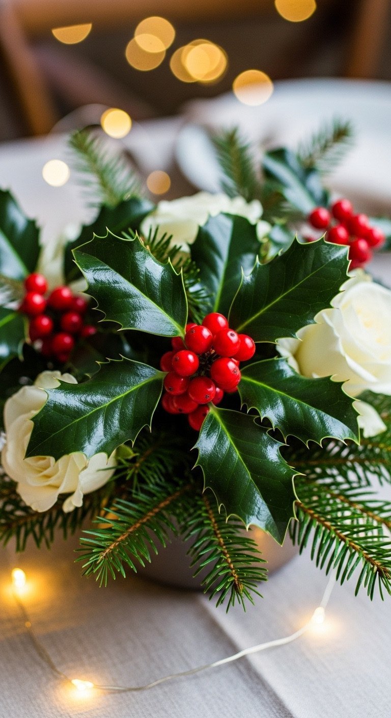 Macro photo of a Christmas arrangement with glossy holly leaves and bright red berries, accented with white roses and fir.