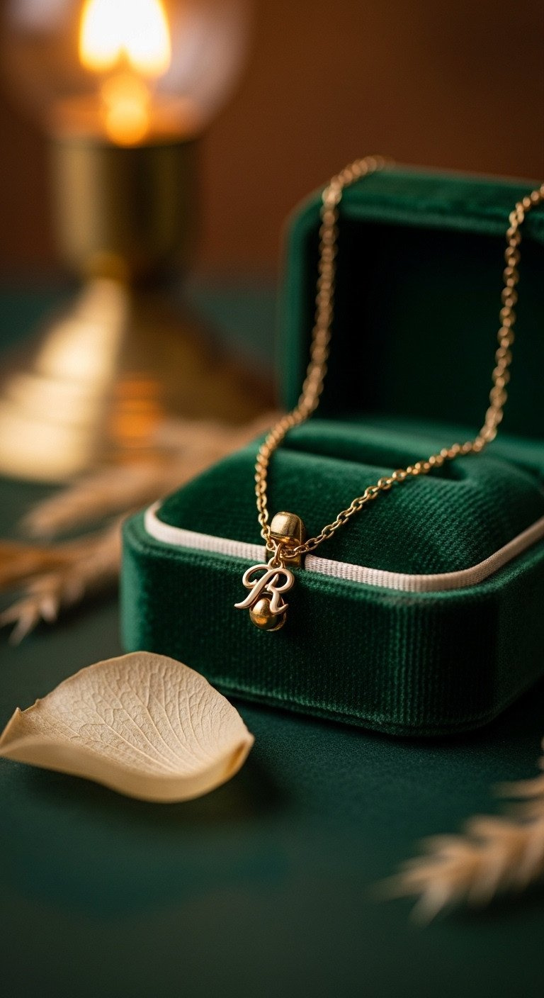 Macro photo of a delicate gold initial pendant necklace resting on a rich green velvet box for a sentimental, elegant look.