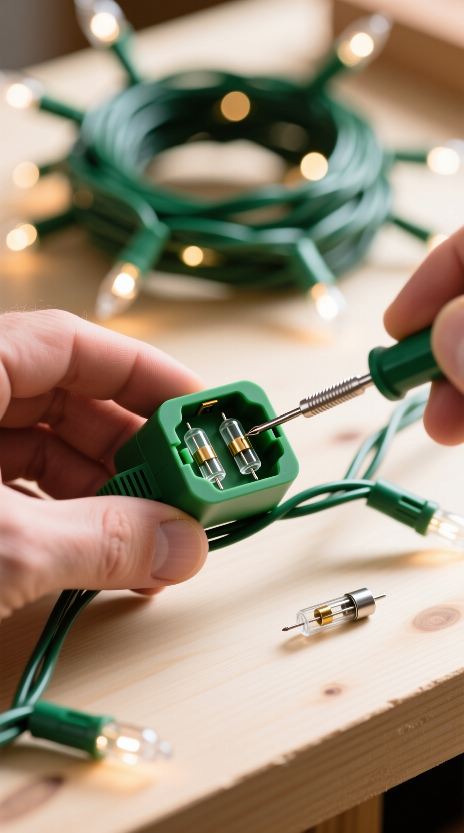 Macro photo of a scrap bin filled with tangled Christmas light strings and cables, highlighting the valuable copper wire.
