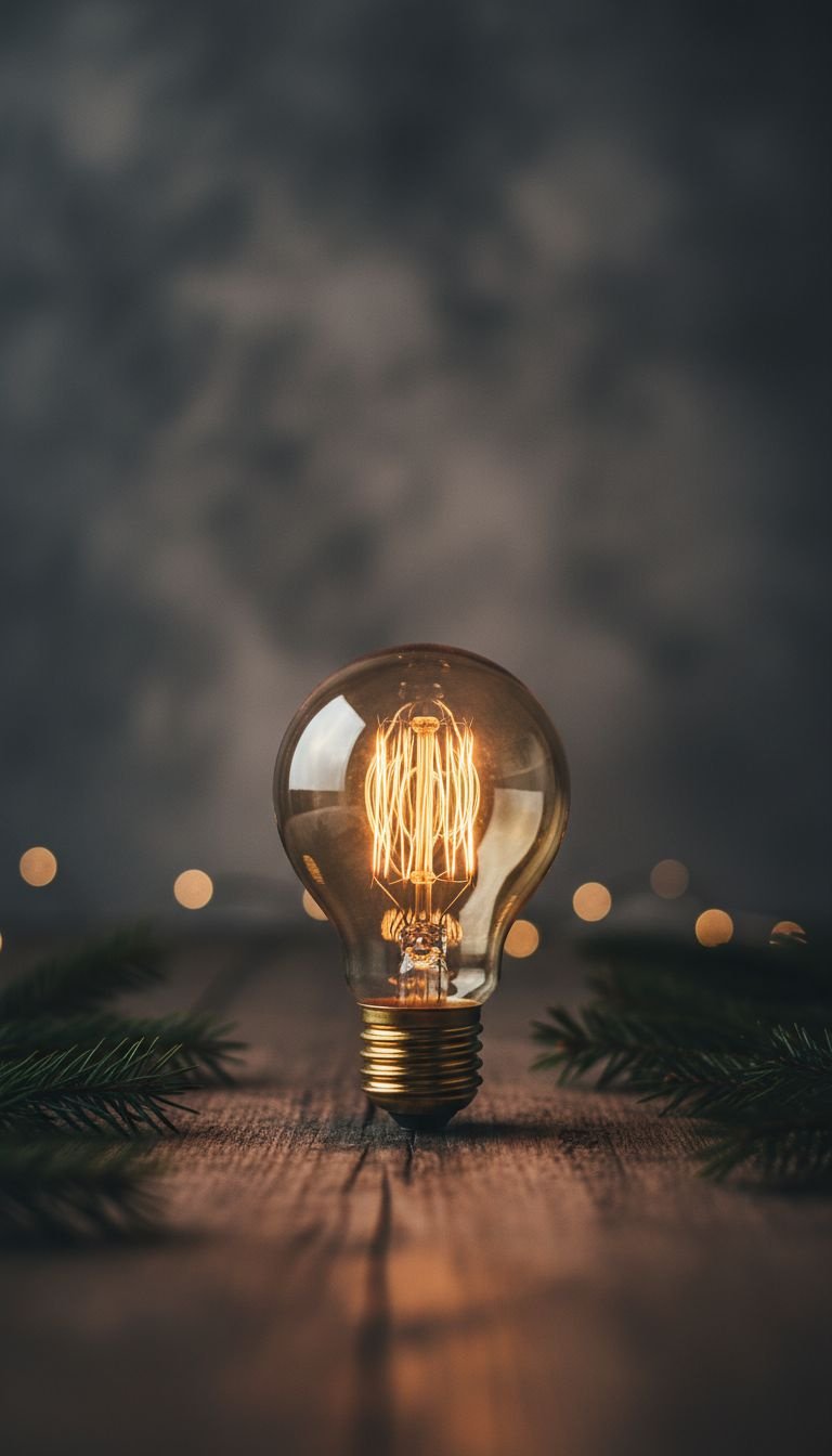 Macro photo of a single warm light bulb glowing, symbolizing hope and innovation against a dark rustic wood background.