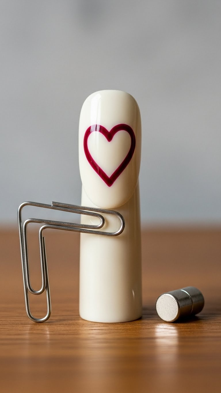 Macro shot of DIY magnetic heart nail effect with paperclip method, showing precision on a wooden surface with a magnet.