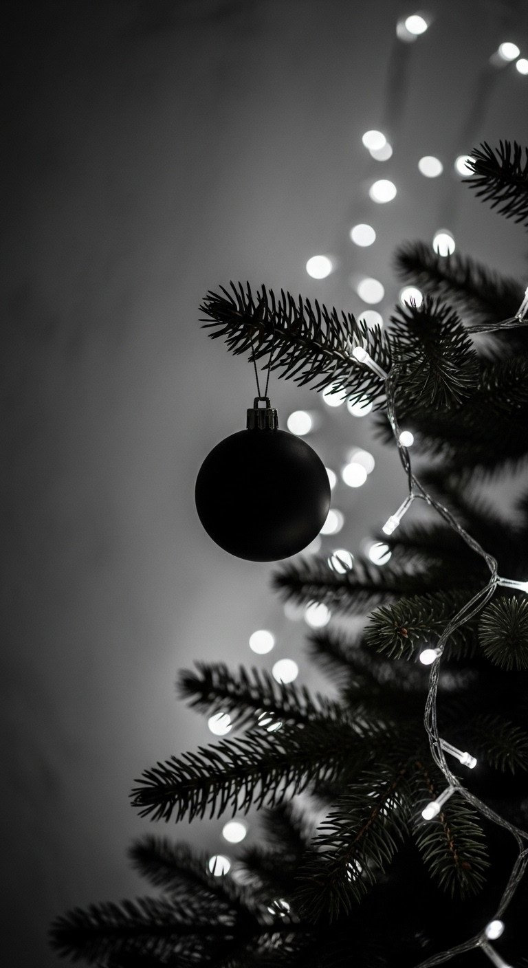 Macro shot of a modern matte black Christmas ornament on a sparse pine branch with dramatic lighting and blurred white lights.