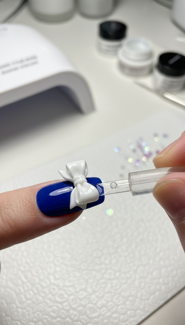 Macro shot of a nail technician sculpting a detailed 3D white resin bow onto a deep royal blue polished nail with a tool.