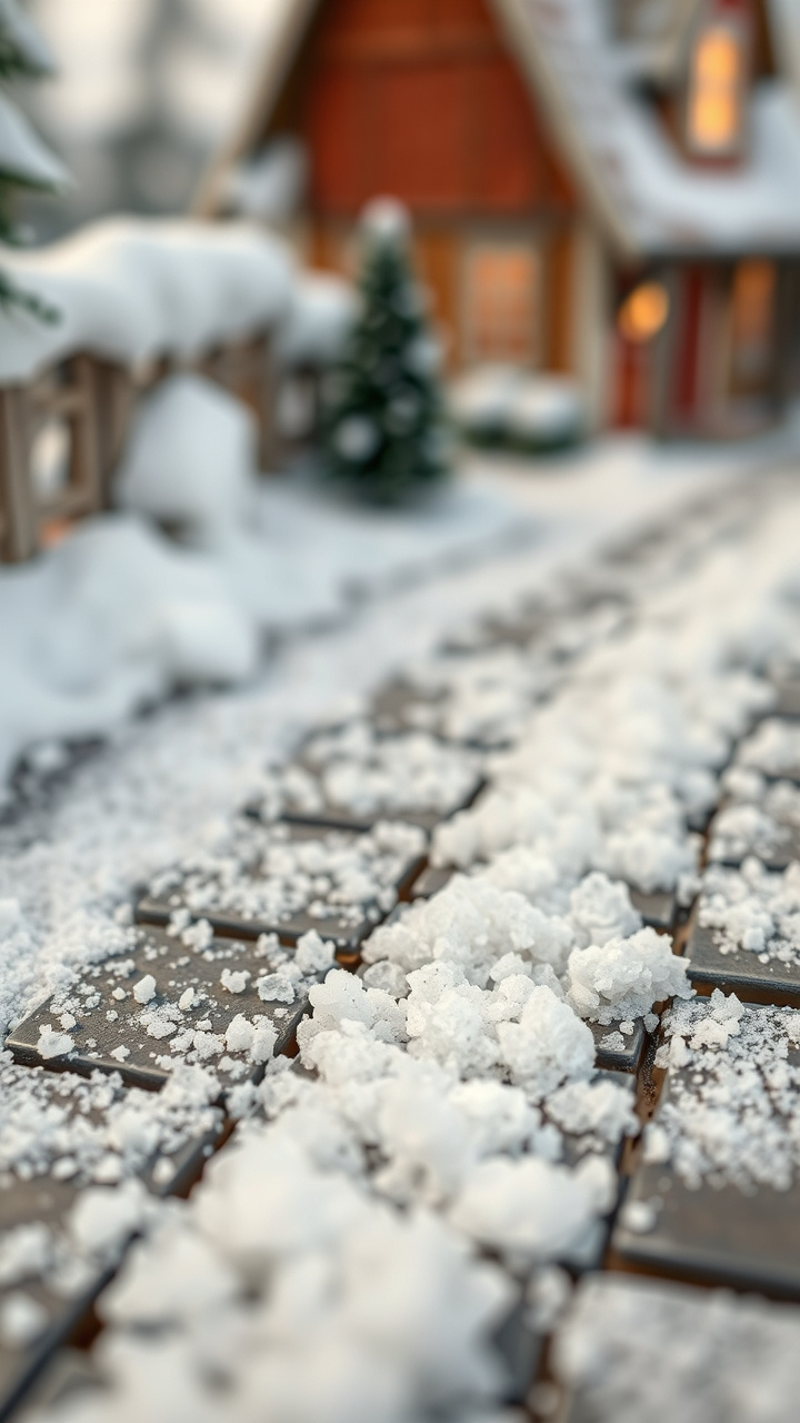 Macro shot of iridescent film shreds sparkling in a snow blanket, creating a magical glimmer around a miniature reindeer.