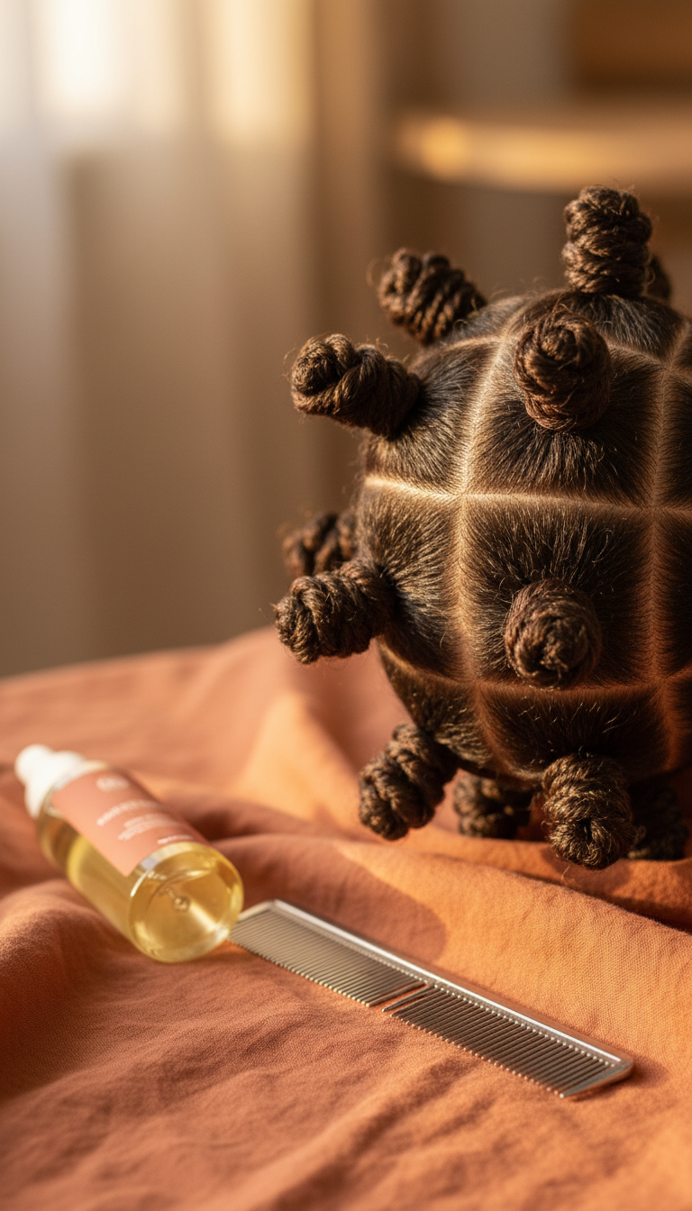 Macro shot of neat braided Bantu knots with flat cornrow bases on child's natural hair. Moisturizing oil and comb visible.