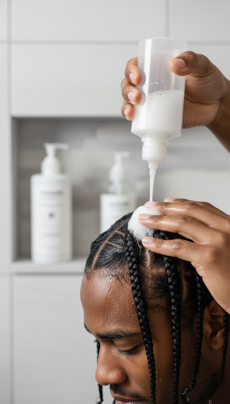 Man applying foaming dry shampoo to scalp between braid partings, showing careful washing technique for men's braid maintenance.