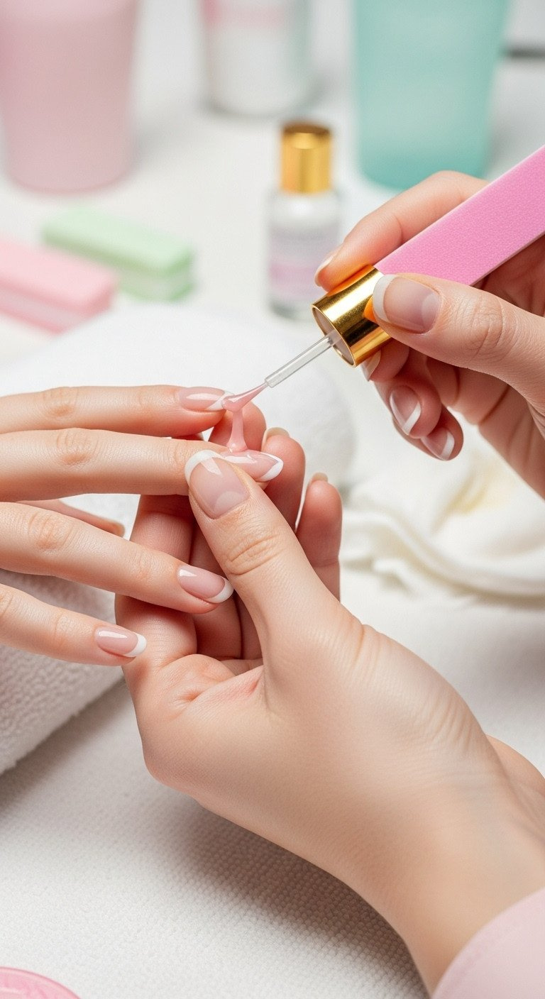 Manicure prep: glossy base coat on filed nail, clean cuticle, perfect tip. Professional nail care, soft pink & white.