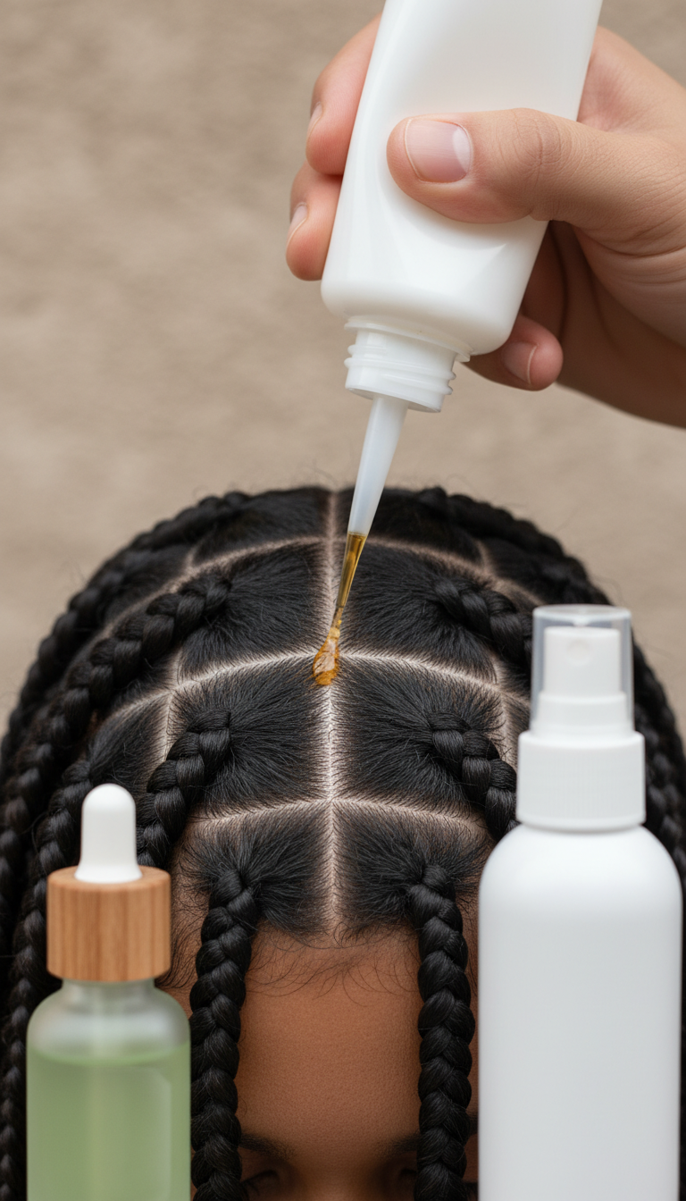 Man's hand applying anti-itch oil to scalp partings beneath braids, showing targeted men's scalp care for protective styles.