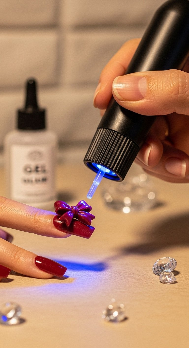 Maroon 3D resin bow charm precisely secured onto a square nail using a UV/LED flash cure lamp, with gel glue and crystals.