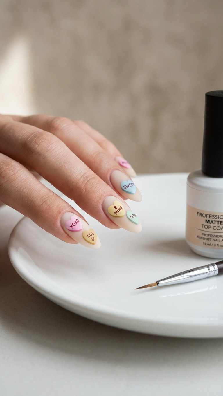 Matte almond nails with hand-painted pastel candy hearts, crisp lettering. Nail art supplies on white plate in bright daylight.