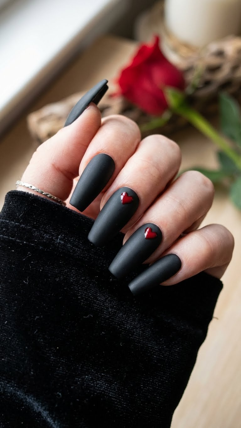 Matte black coffin nails, long & sharp, with cherry-red heart accents. Edgy, high-fashion manicure on velvet with silver ring & blurred rose.
