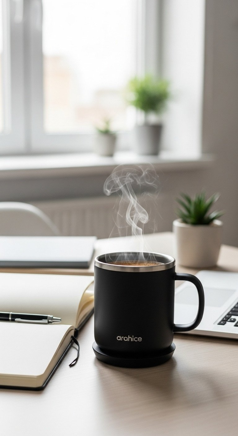 Matte black temperature control smart mug with steam rising, on its charging coaster next to a laptop on a modern wood desk.