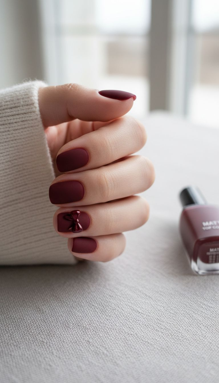 Matte dark red manicure with glossy bow accent, showcasing velvet texture contrast on a gray linen tablecloth.