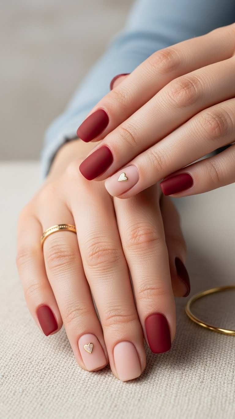 Matte deep burgundy nails with a subtle gold heart accent on a nude base, complemented by a delicate gold bracelet. Elegant nail art design.