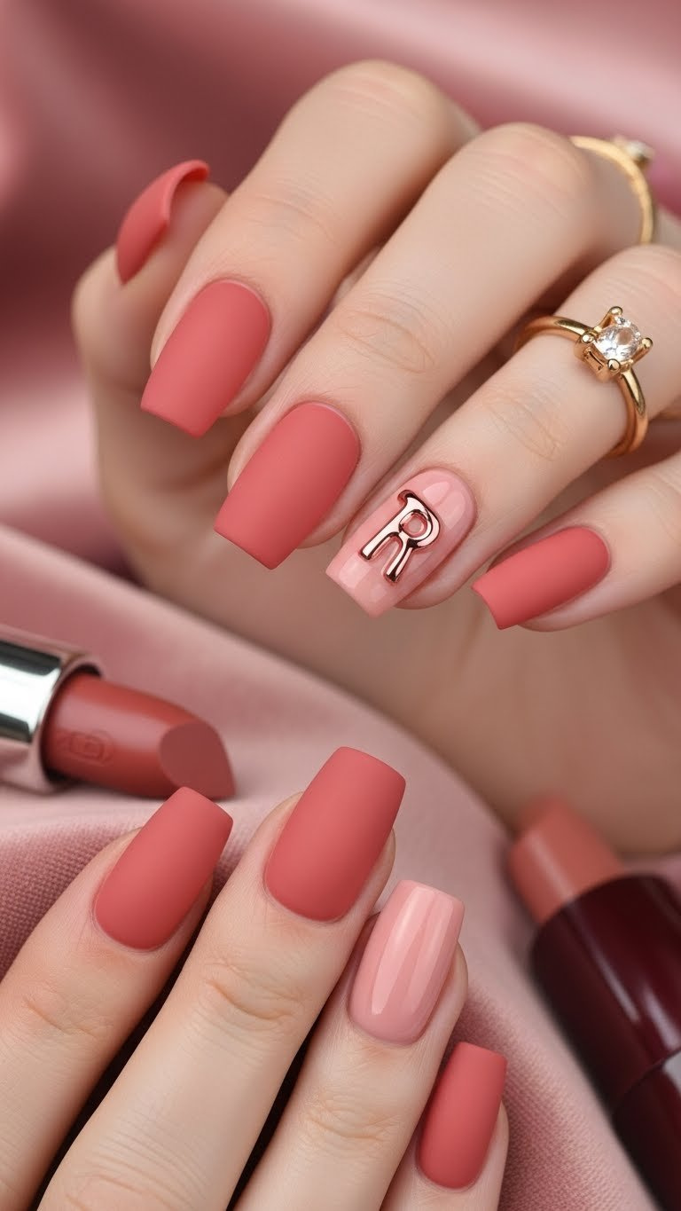 Matte dusty rose nail with a glossy initial 'R' overlay, creating chic contrast, with a gold ring.
