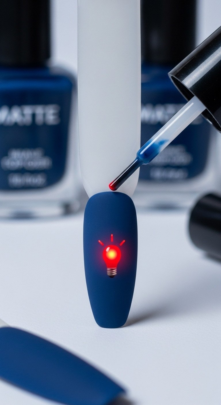 Matte nail art with vibrant red light bulb dot, topped with glossy clear dot for 3D depth. Top coat bottles.
