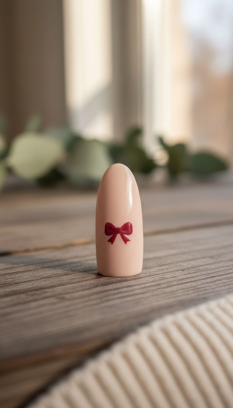 Matte red micro bow nail art on neutral nude nail, festive design, cozy holiday setting, rustic wooden table.