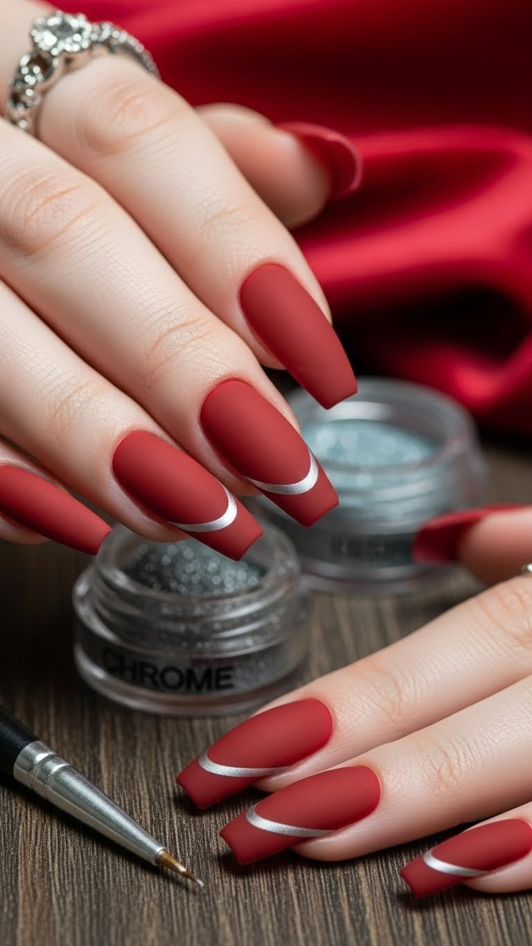 Matte red stiletto nails with metallic silver reverse French manicure, on dark wood with velvet fabric.