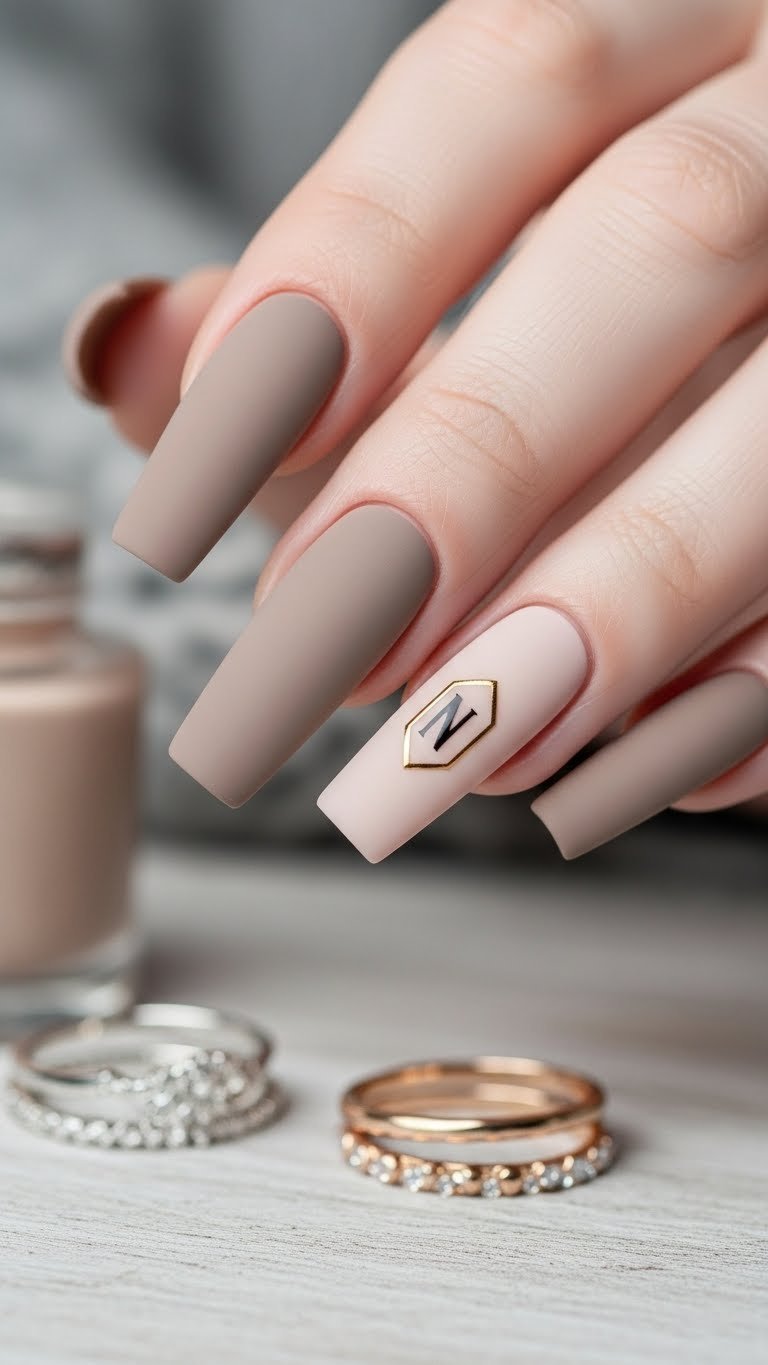 Matte taupe long stiletto Valentine nails with delicate initial accent, soft grunge design on distressed wood.