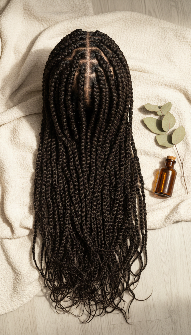 Medium Marley Twists, rope-like texture, natural lightweight. On cream blanket, soft natural light for winter hair.