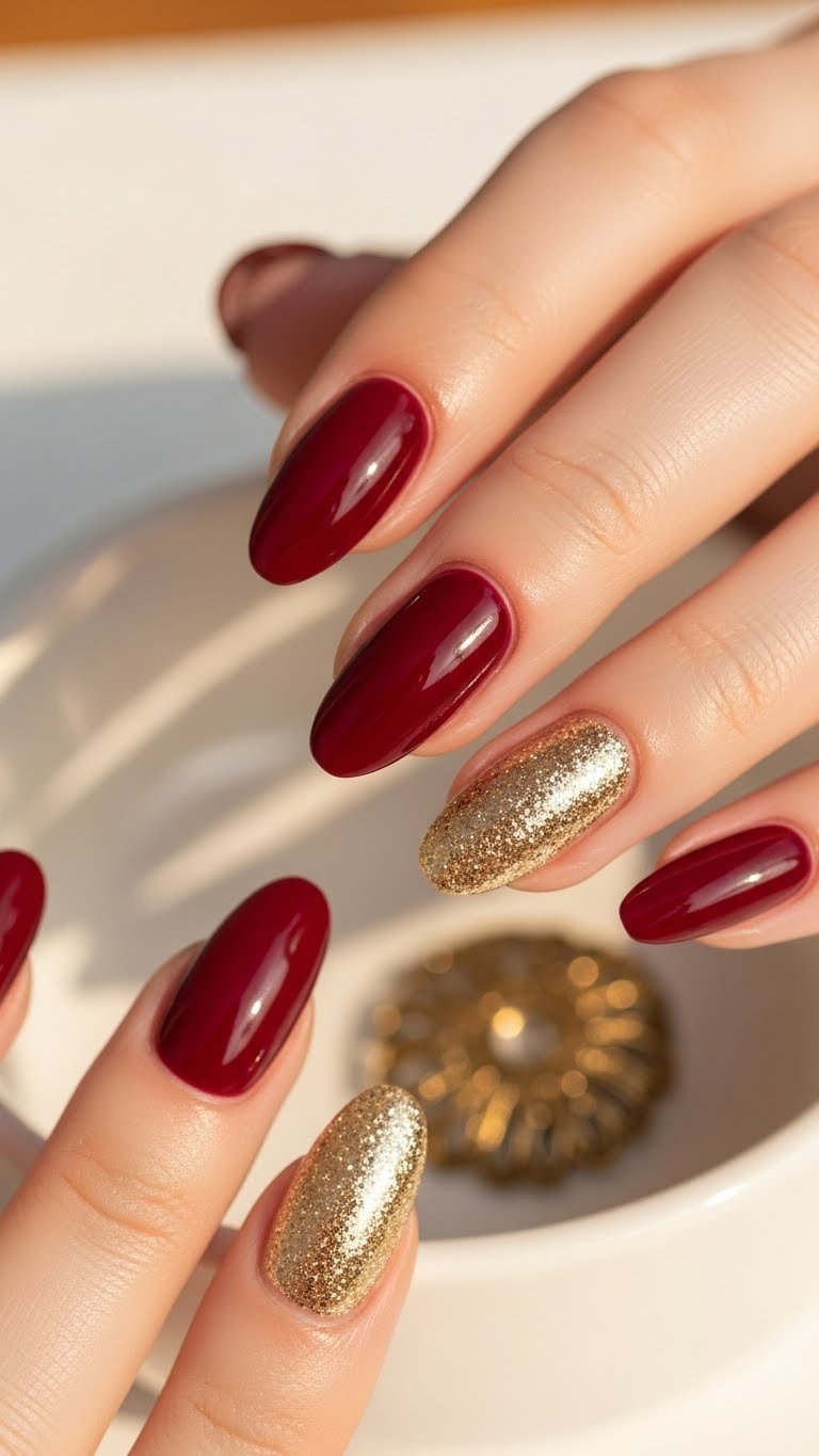 Medium almond burgundy nails with shimmering gold glitter accent, on a white plate with antique gold jewelry.