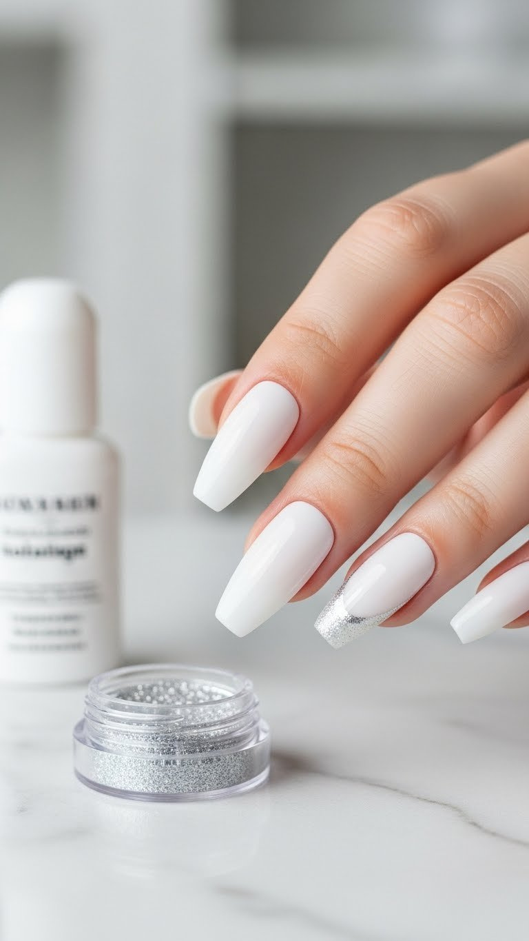 Medium almond milky white press-on nails featuring subtle silver micro-glitter along the cuticle edge. Modern nail art design.