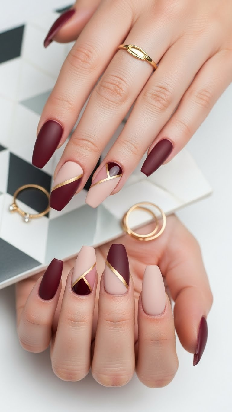 Medium almond nails featuring modern asymmetrical color block design: burgundy, taupe nude, metallic gold lines.