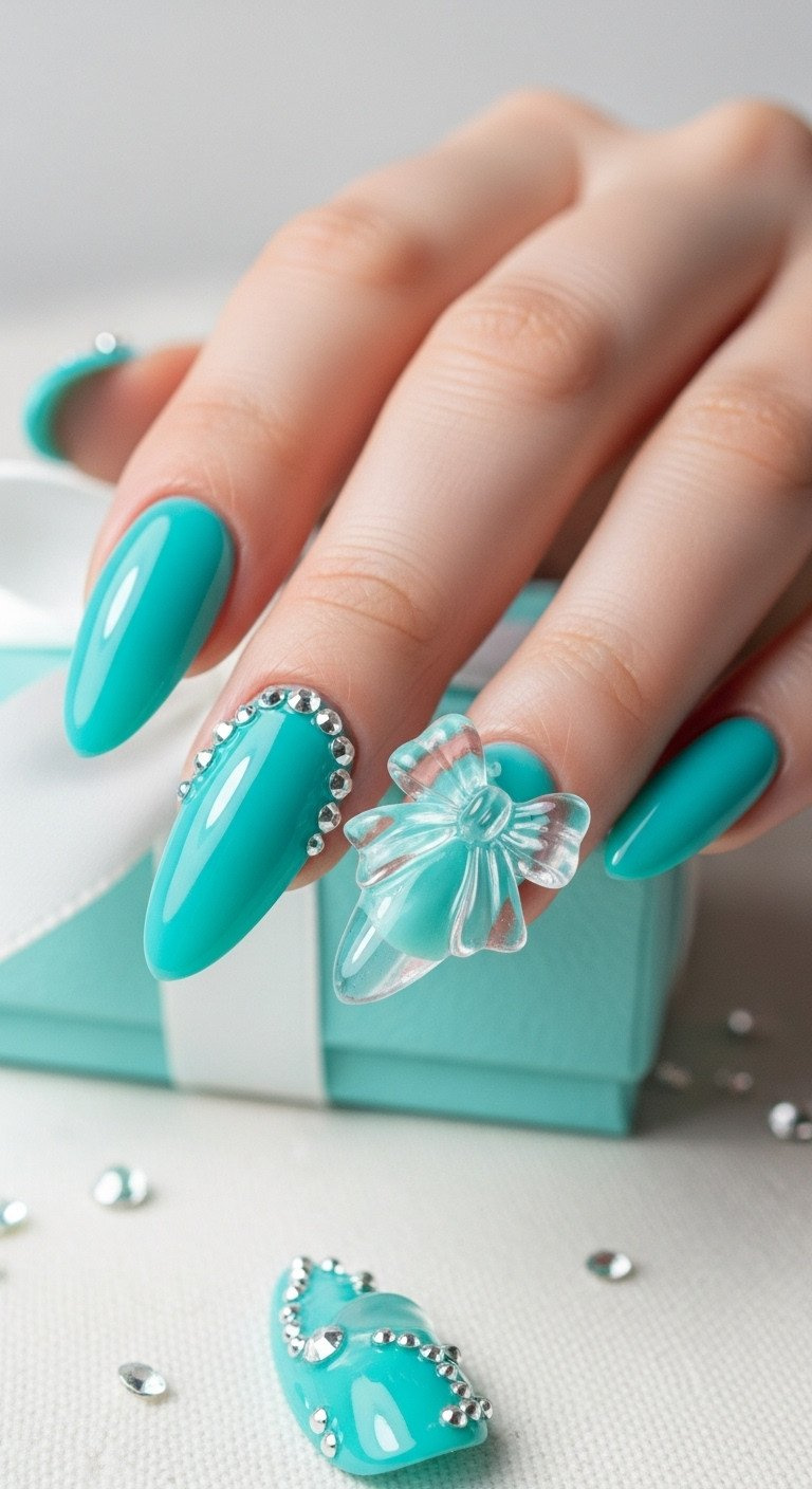 Medium almond nails in vibrant Tiffany blue. Features sculpted 3D clear gel bow resembling ice and scattered silver rhinestones.