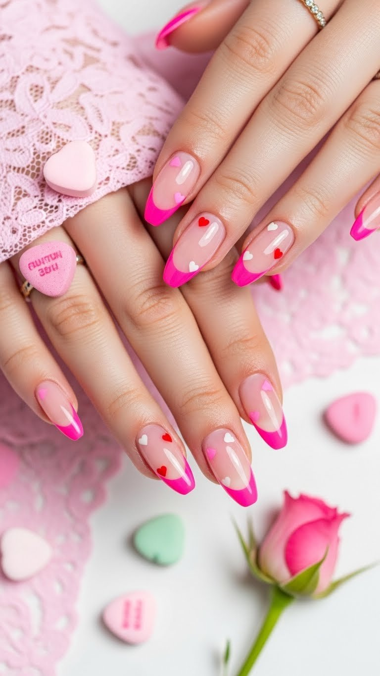 Medium almond nails with sheer pink base and bright pink French tips, featuring red heart accents. Cute romantic nail art.