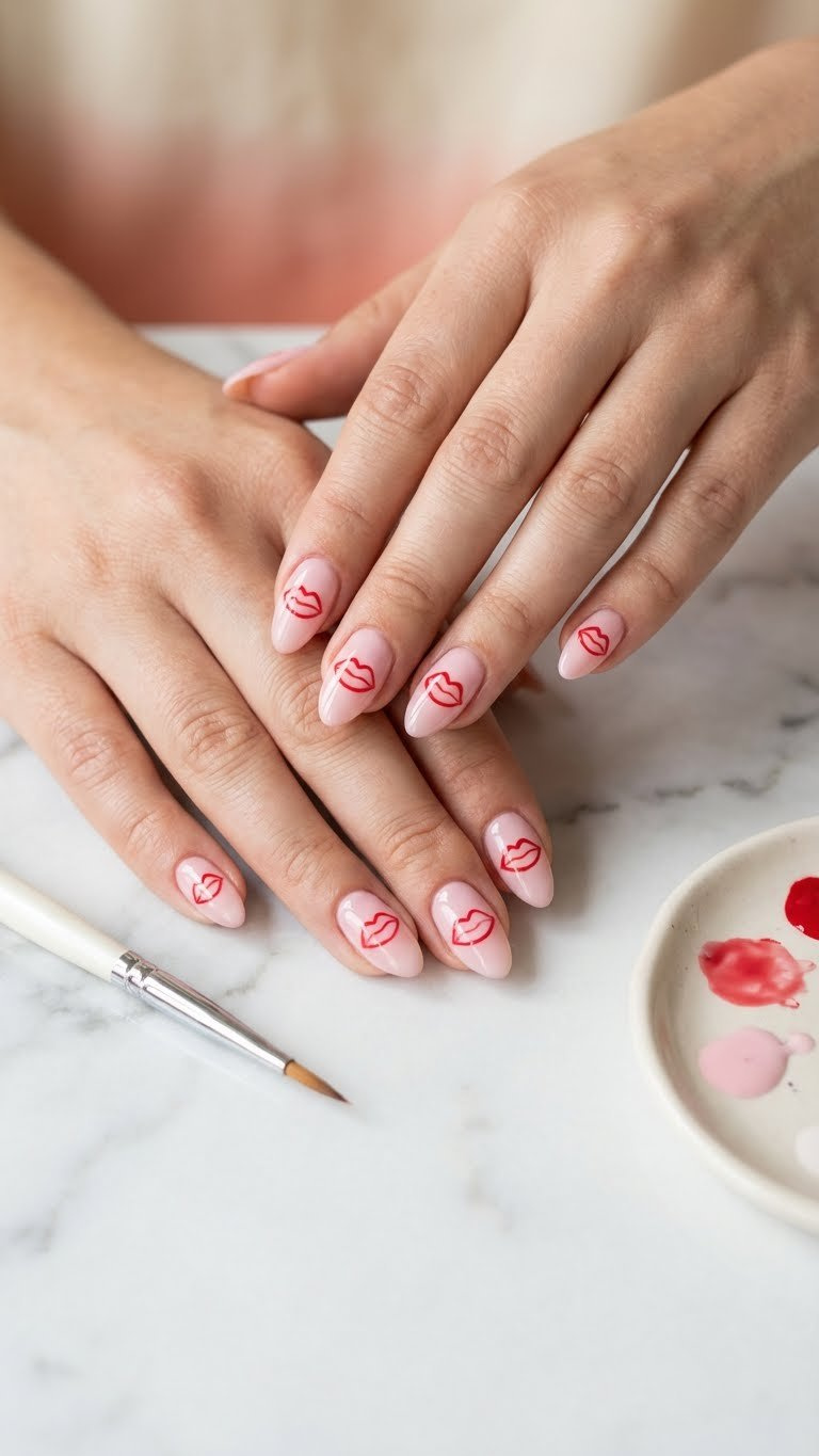 Medium almond pale pink nails with hand-painted red floating lip outlines, perfect for beginners. Marble surface with nail art brush.
