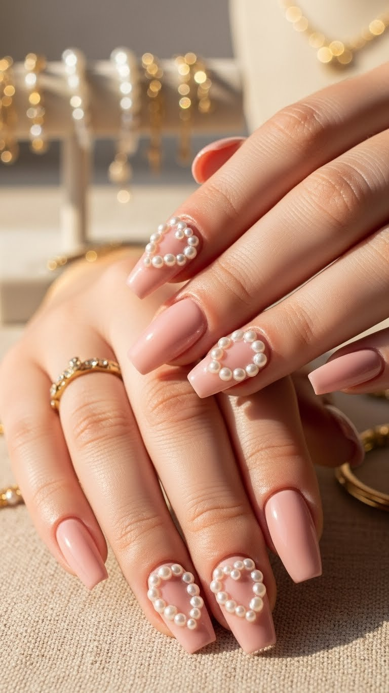 Medium coffin nails, dusty pink base, luxurious 3D pearl heart nail art. Elegant romance manicure with gold bracelet.