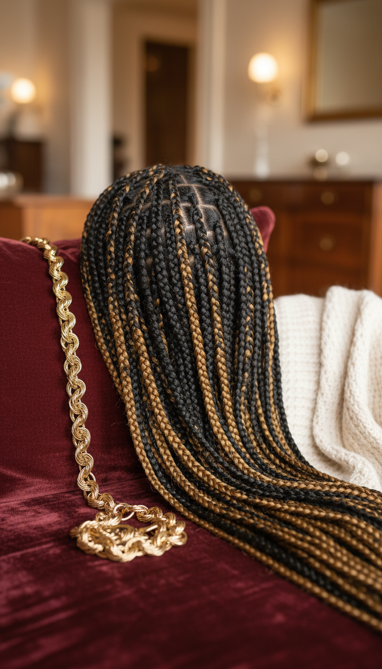 Medium dimensional honey blonde & black box braids, striking contrast. Styled with a chunky gold necklace & soft cream scarf.