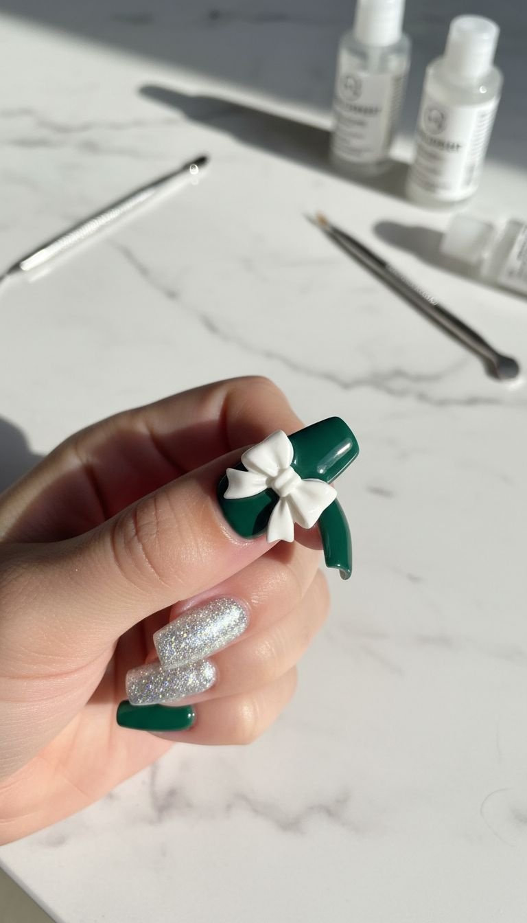 Medium emerald green coffin Christmas nails featuring a sculpted white 3D bow and a subtle silver glitter accent on a marble.