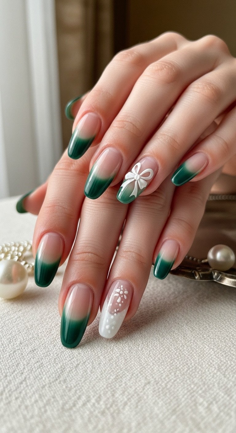 Medium oval nails with emerald green ombré fading to nude, featuring a delicate white hand-painted bow, elegant nail art.