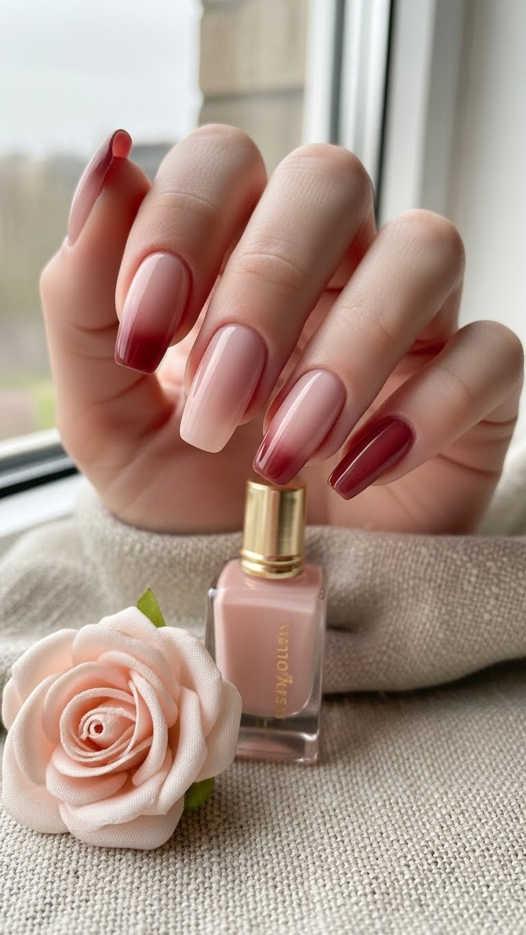 Medium oval nails with soft pink to cranberry red ombre transition. Elegant, romantic nail art with a silk rose.