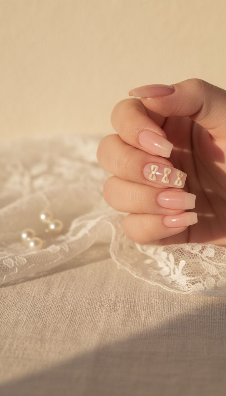 Medium pink coffin Christmas nails with three tiny cream hand-painted bows, delicate coquette style, lace, and pearls.