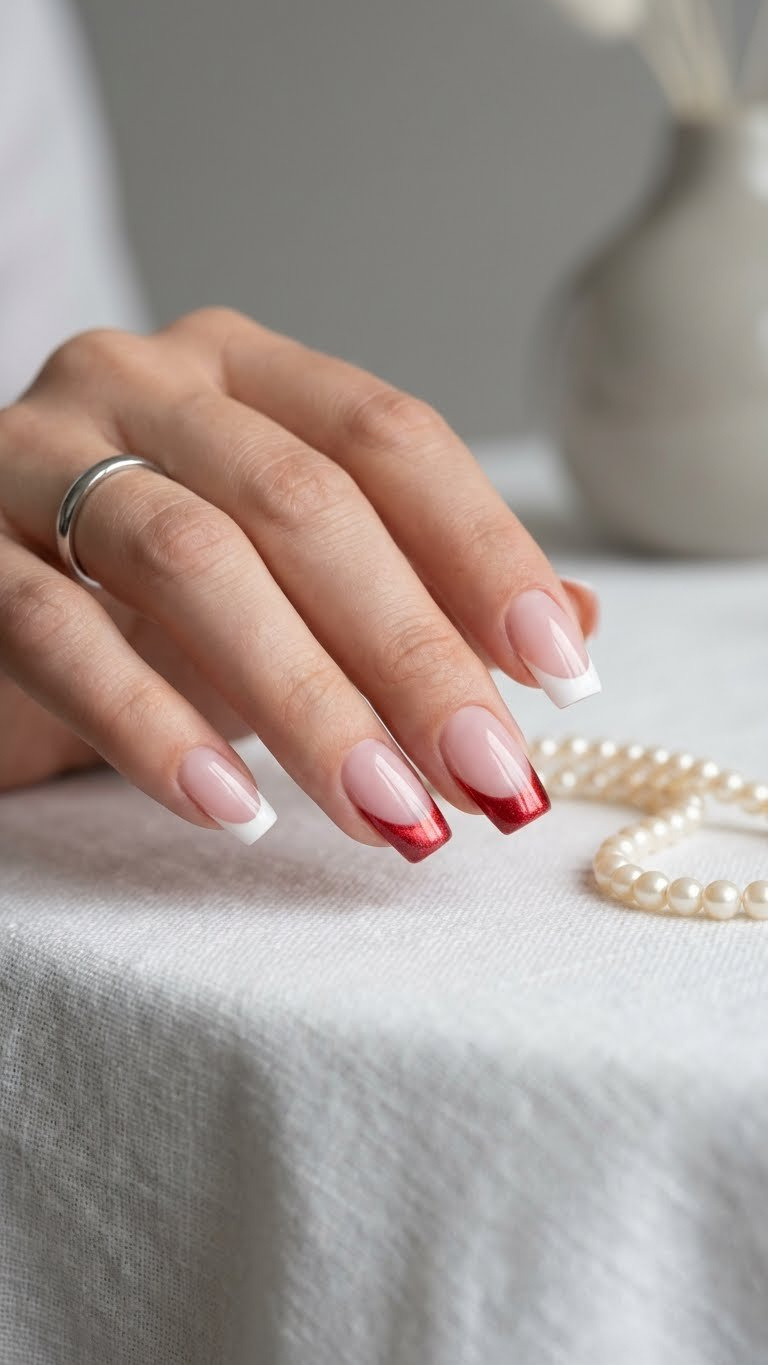 Medium square French tip cat eye nails with red shimmer accent, pearls & ring on white linen.