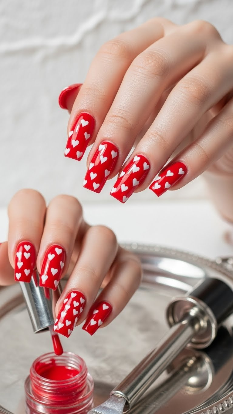 Medium square acrylic nails, vibrant red with crisp white perfect heart stamping, on a silver tray with polish.
