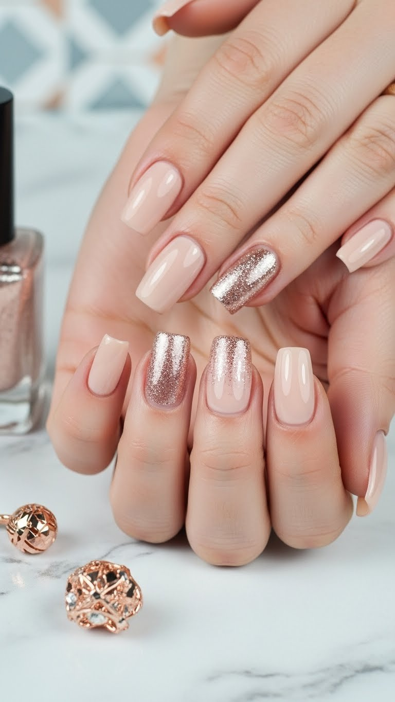 Medium square nails with nude polish, accent rose gold glitter fade reverse ombre design. Elegant nail art on marble.