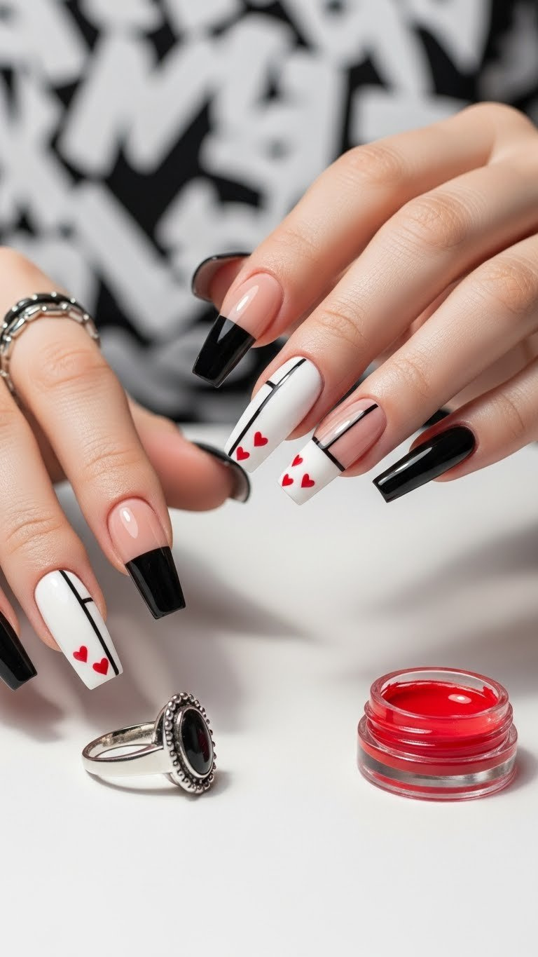Medium stiletto acrylic nails, black and white color block with red hearts, on a white table with a modern black ring.