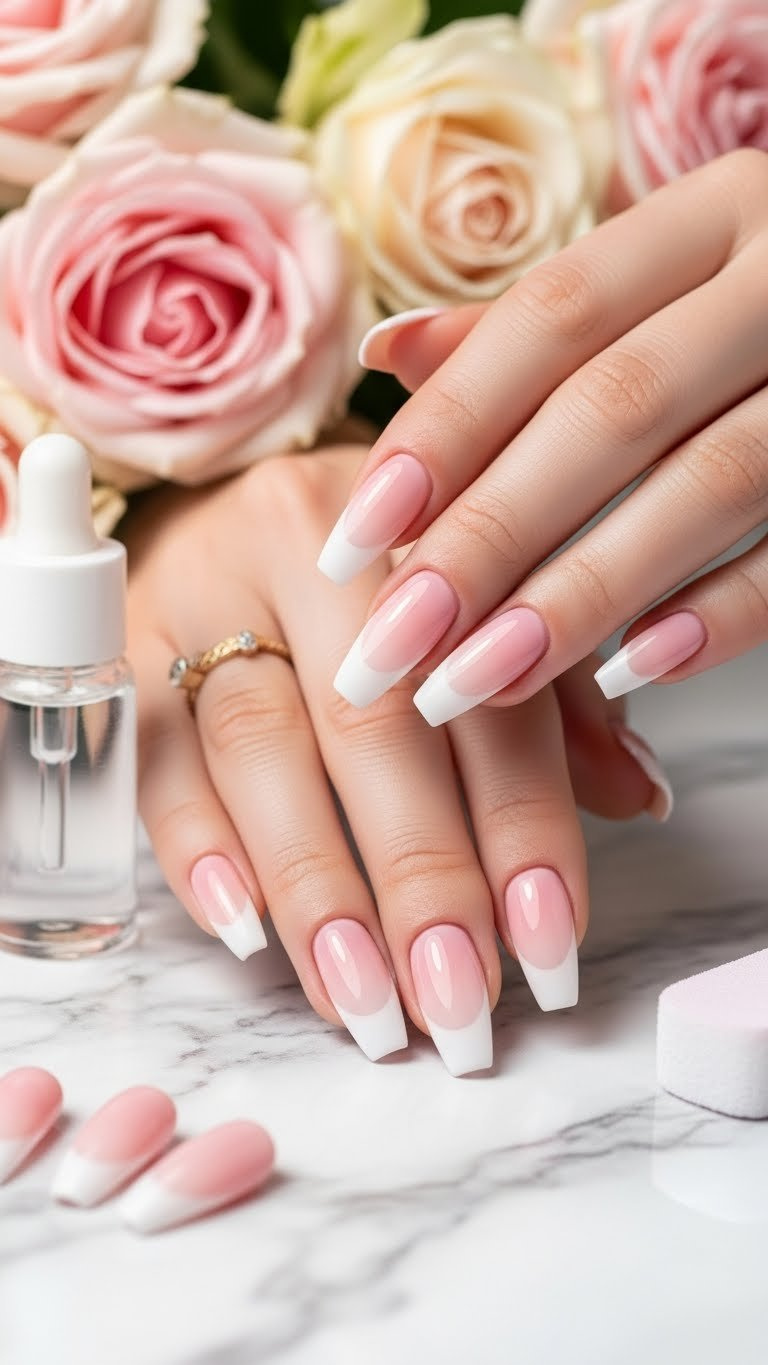 Medium stiletto nails with classic pink and white ombre, shown on marble with blurred pink roses & cuticle oil.