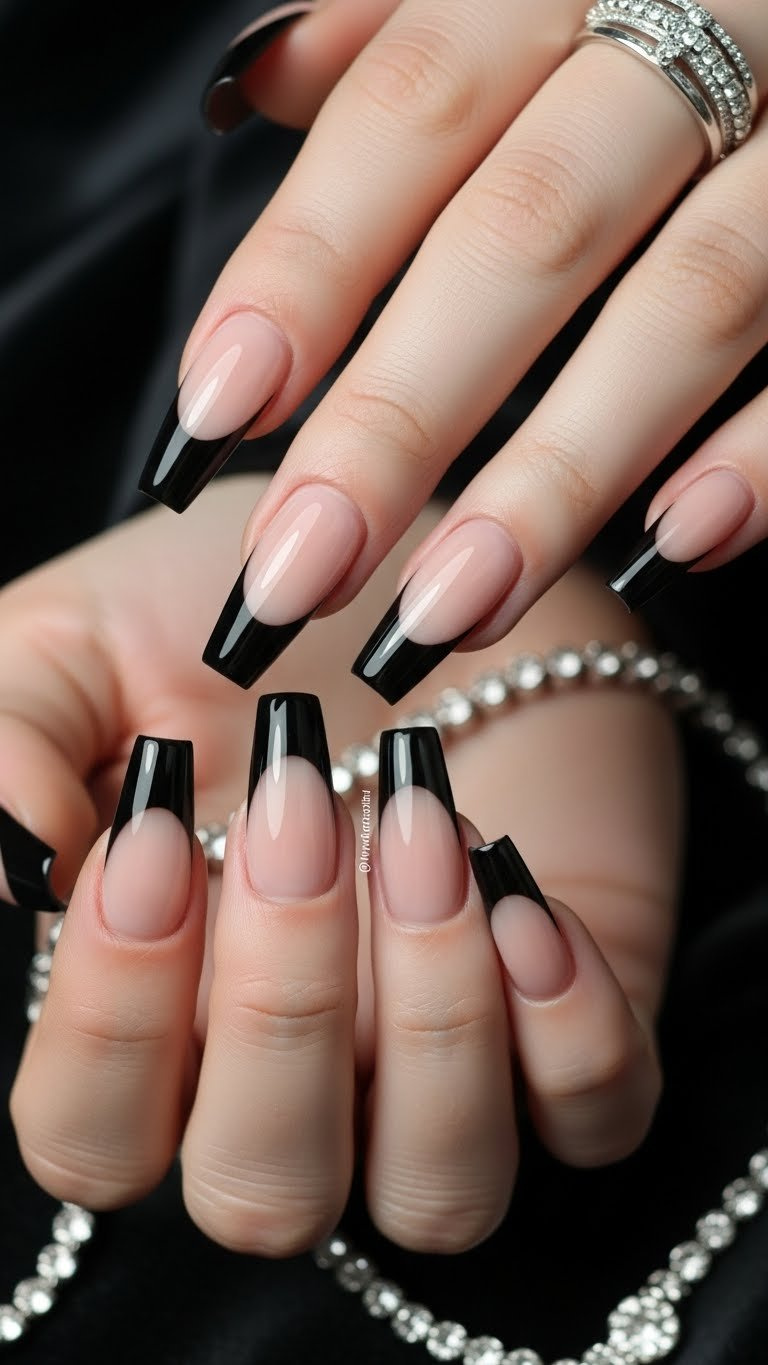 Medium stiletto nails with modern inverted French tips, glossy black on sheer nude base. Elegant manicure, silver jewelry.