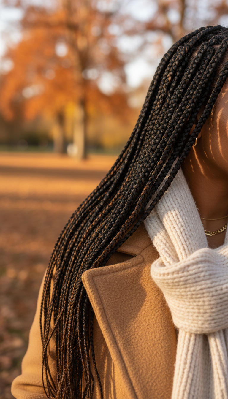 Medium waist-length caramel highlights box braids, subtle streaks. Styled with camel coat, cozy scarf, & warm gold jewelry.
