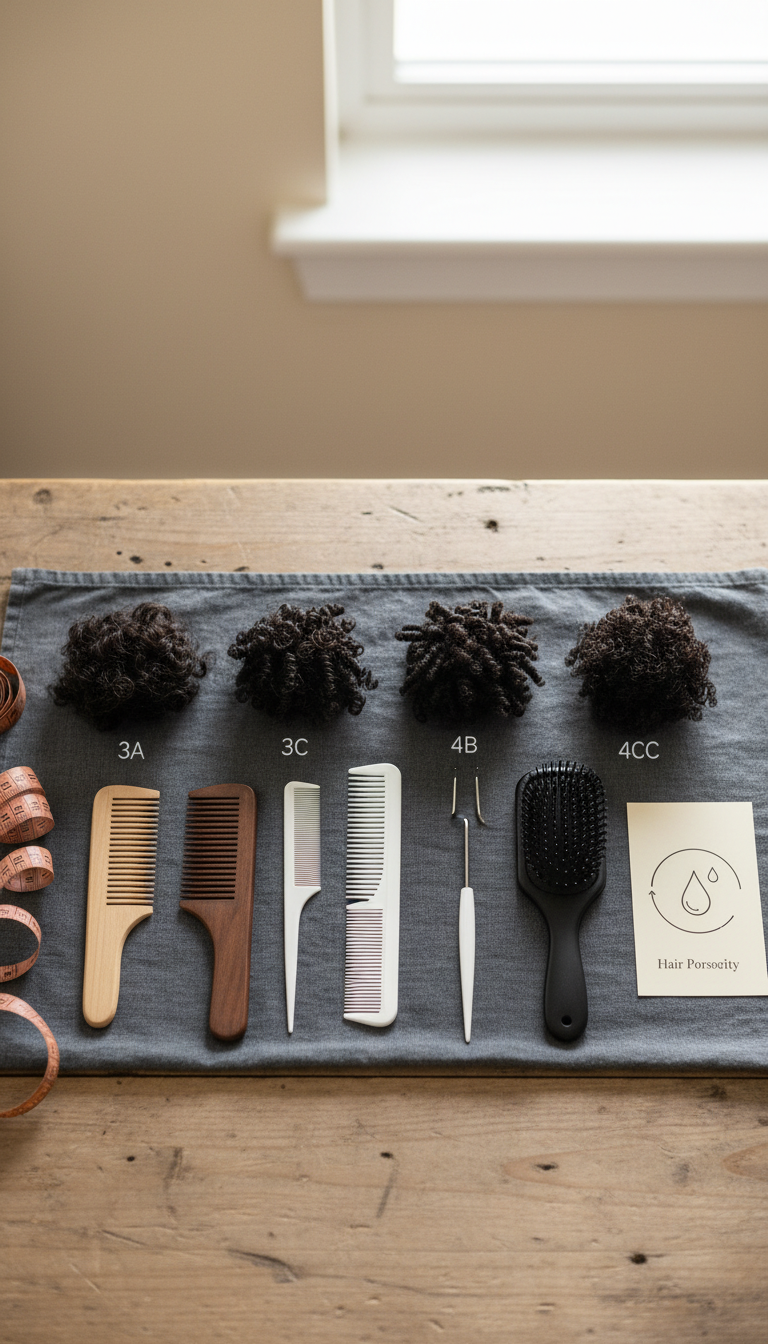 Men's textured hair samples (3A, 4B curl patterns) with fine-tooth, wide-tooth combs, paddle brush on dark surface for hair type matching.