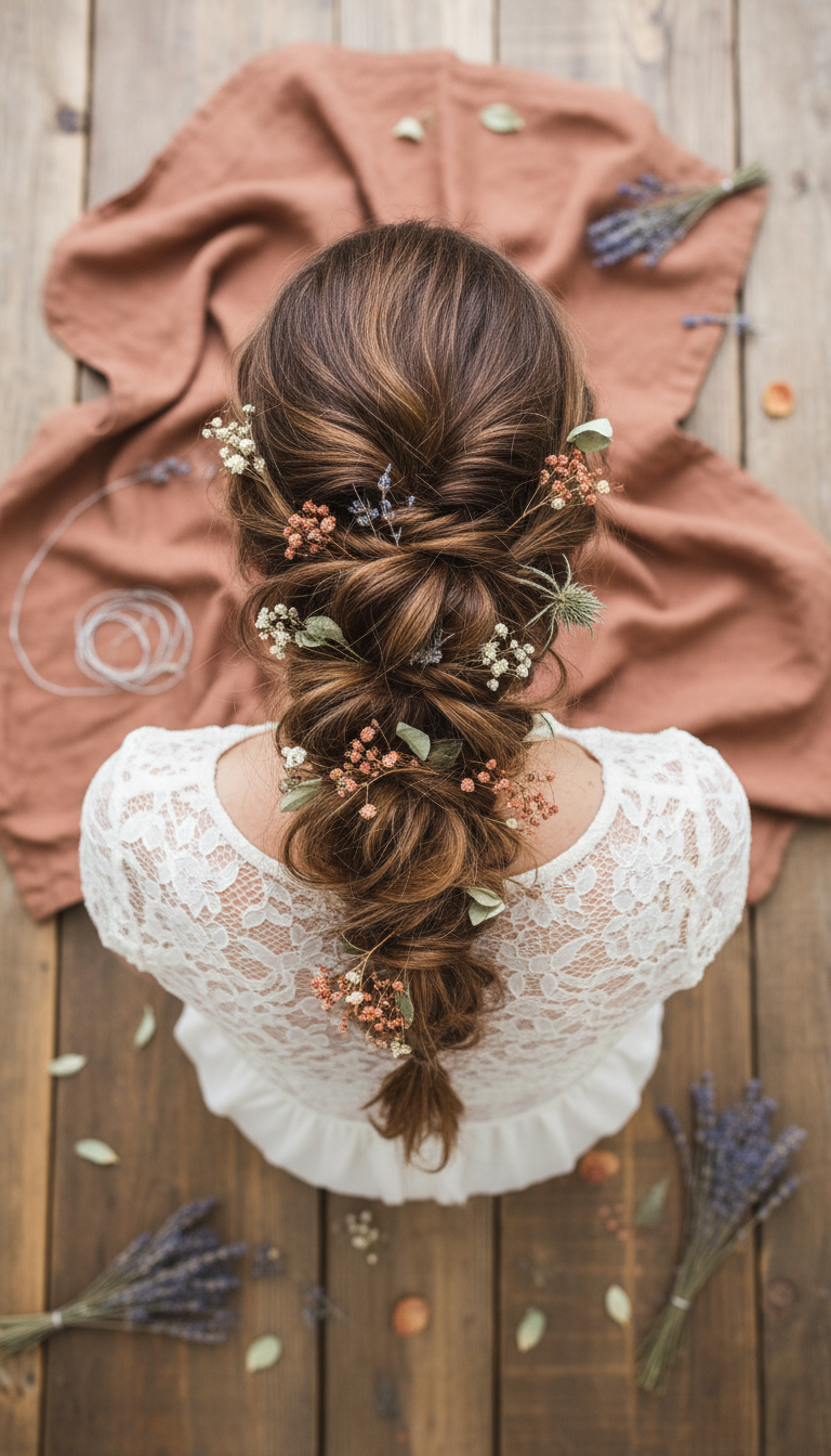 Messy boho pull-through braid with voluminous texture, adorned with rustic dried florals, lavender, and delicate lace details.