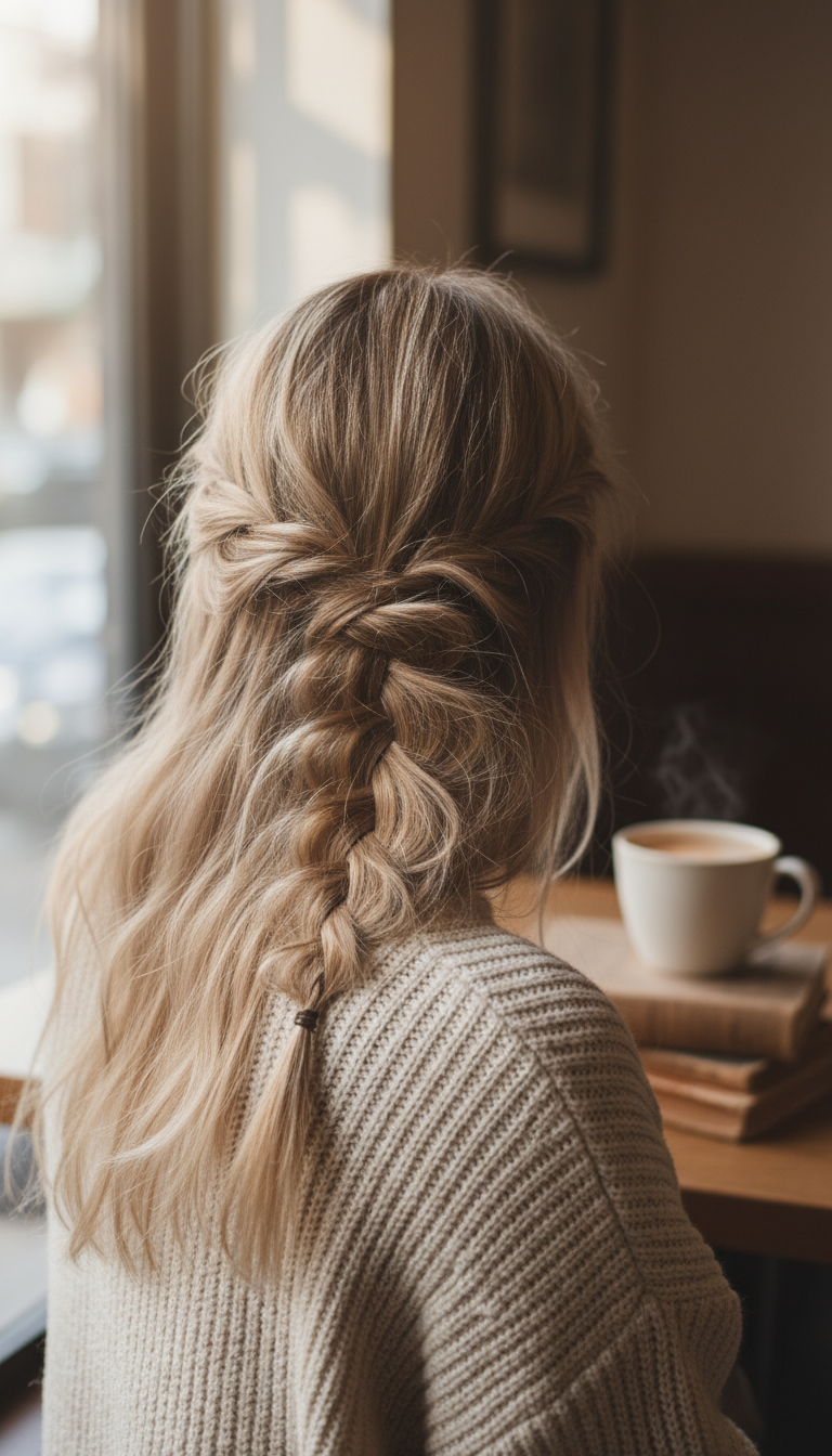 Messy dirty blonde waterfall braid with soft texture, styled casually over a textured scarf in a cafe setting.