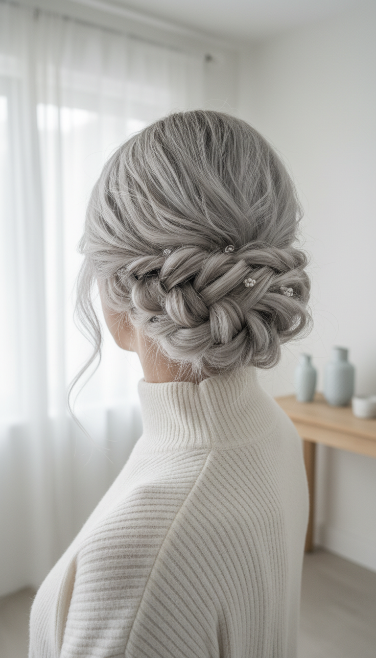 Messy, textured icy blonde fishtail braid updo with delicate hair accessories, styled over a lace collar.
