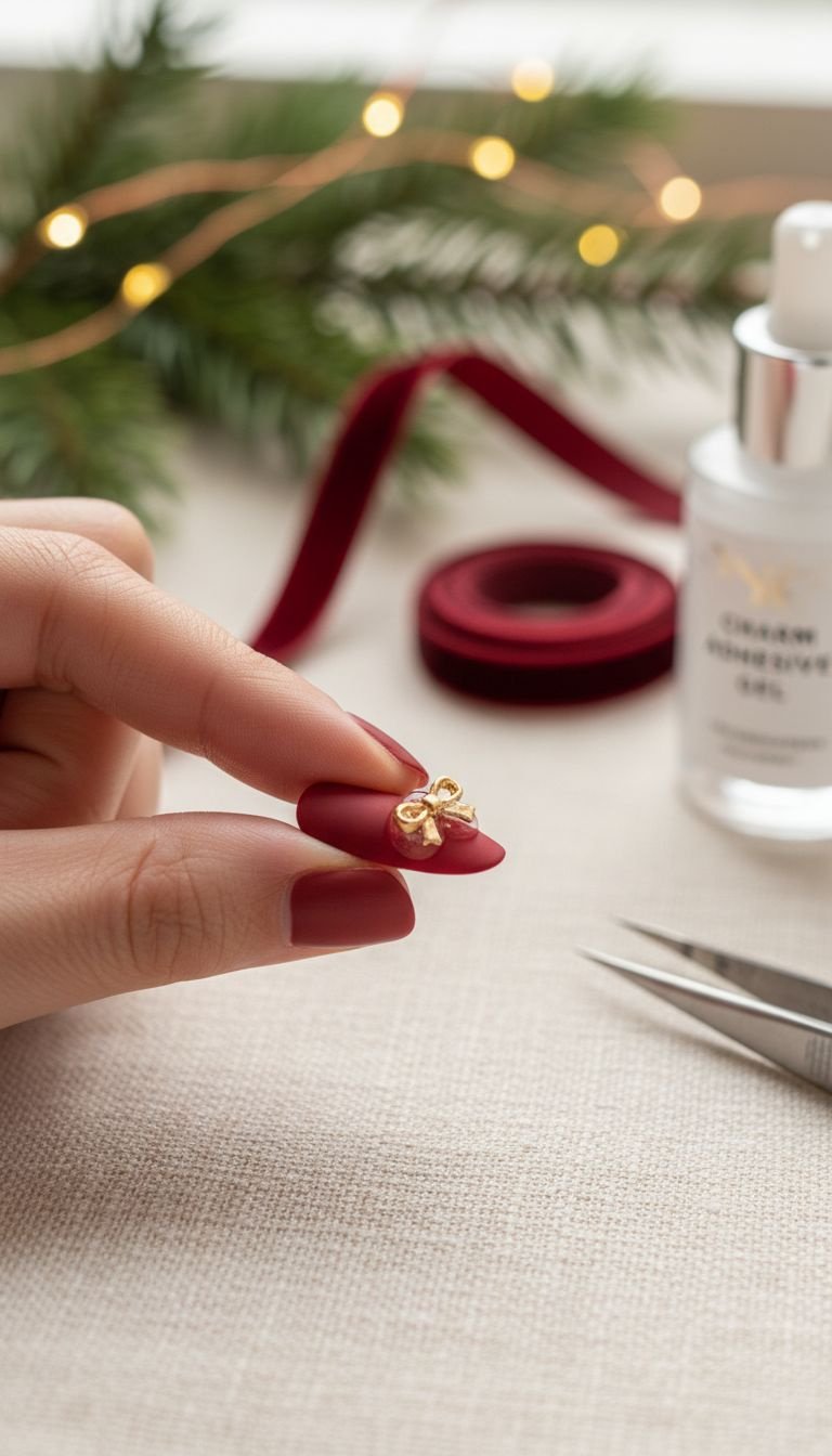 Metallic micro-bow charm pressed onto a matte red almond press-on nail with adhesive gel. Holiday DIY nails.