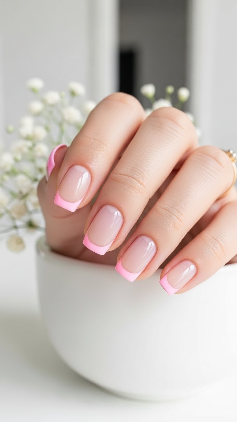 Micro-French manicure with ultra-thin pastel pink tips on short square nails, styled with baby's breath flowers.