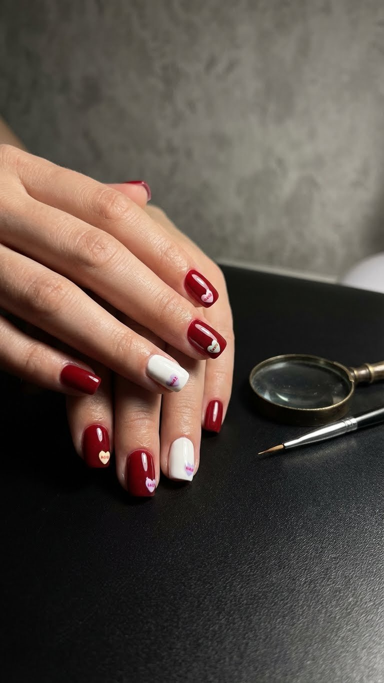 Micro-detailed candy heart messages on short red and white square nails. Magnifying glass, brush on black surface, side light.